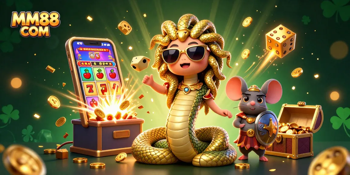 Engage with MM88 COM's vibrant casino illustration featuring cute characters and dynamic game elements.