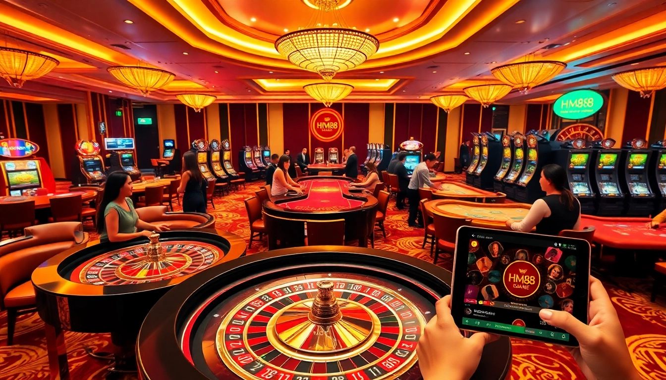 Players engaging with games at HM88 online casino, showcasing excitement and professionalism.