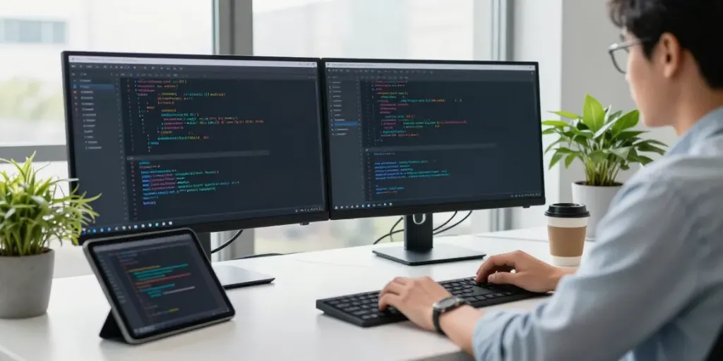 Developer integrating multi-model API in modern workspace with dual monitors.