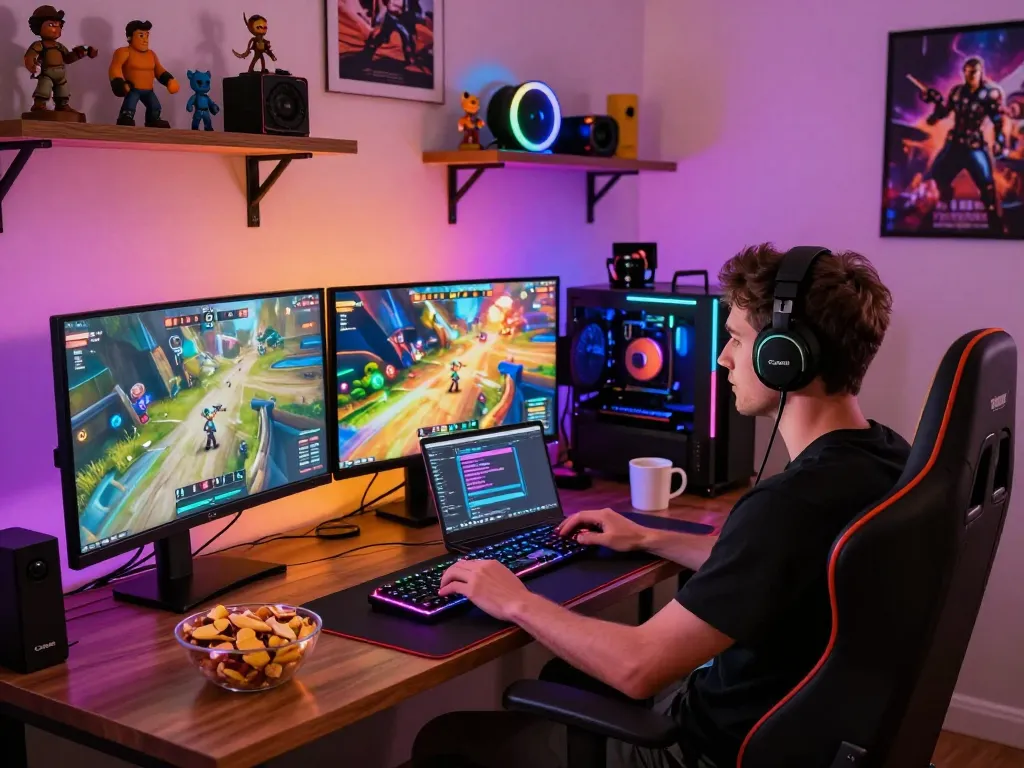 Experience real porn games in an immersive vibrant gaming setup with dynamic graphics and colorful LED lights.