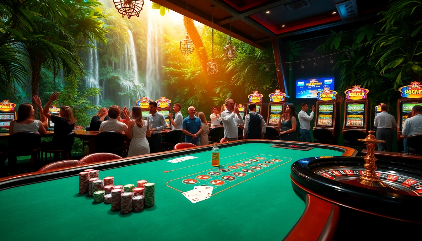 "Experience the thrill of Lucky Jungle with players at a vibrant casino table."
