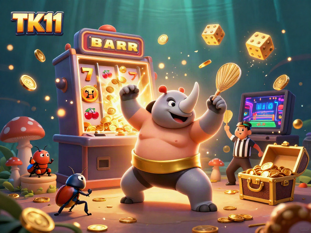 Experience the excitement of TK11 with a vibrant casino scene featuring a beetle sumo champion and thrilling game elements.