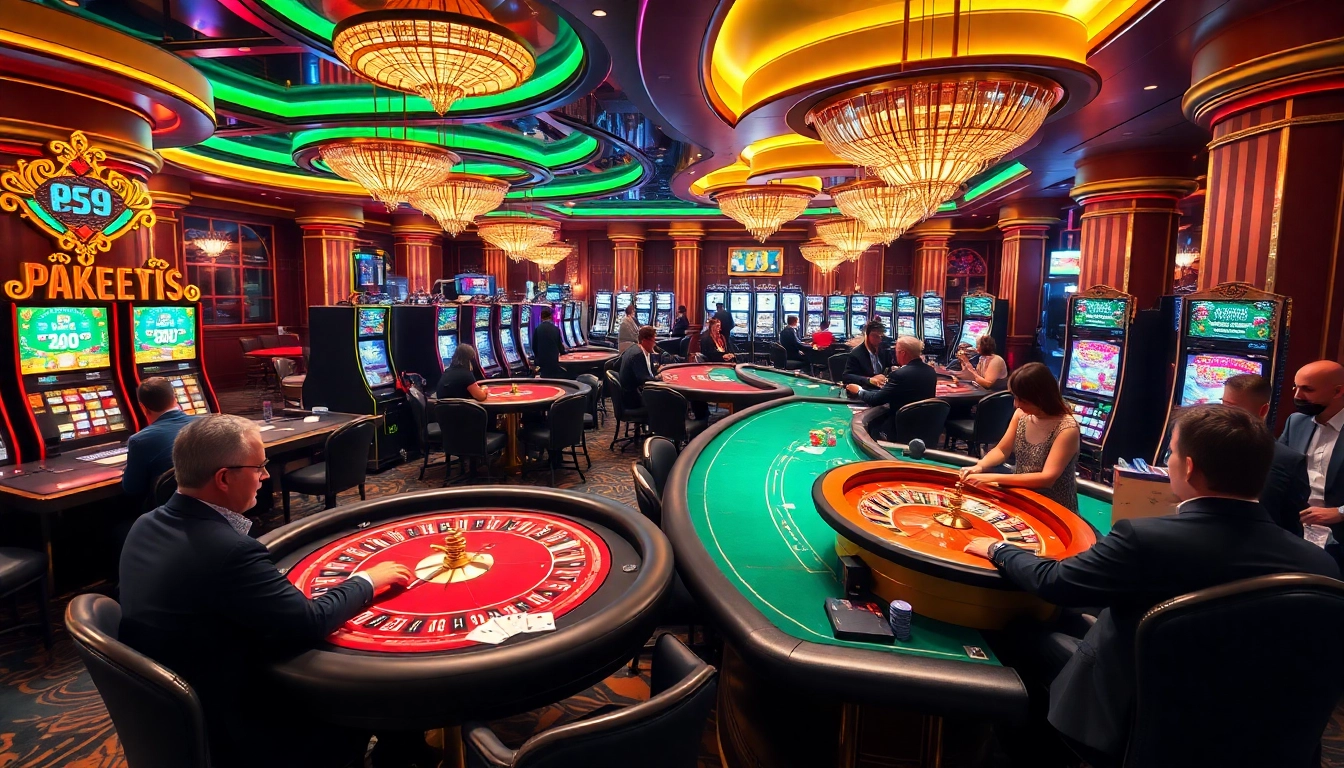 Intense gaming action at PS99's luxurious casino floor, featuring poker and roulette tables.