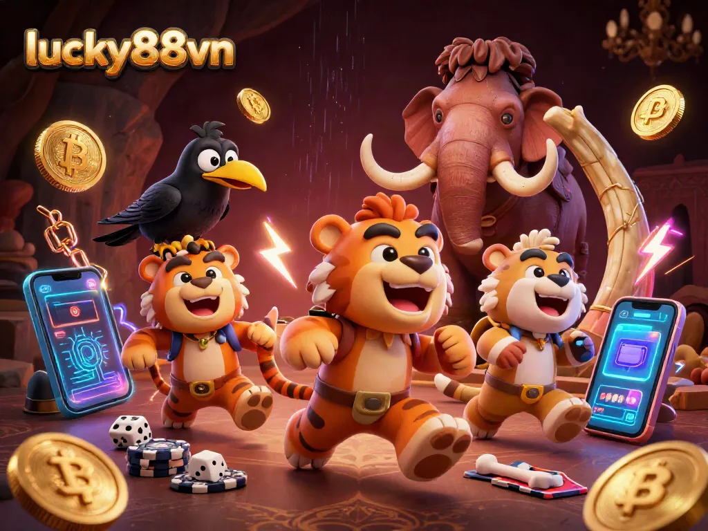 A dynamic scene featuring lucky88vn's gaming elements with cavemen, coins, and digital displays to enhance your gaming experience.