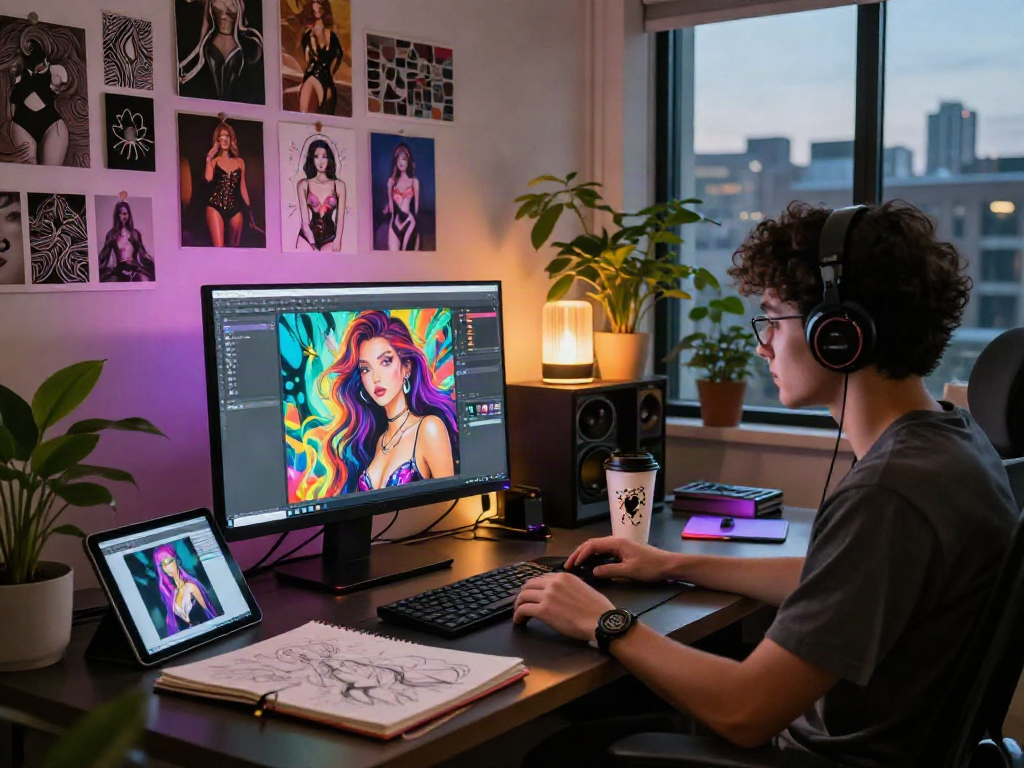 Creative AI NSFW content studio with designer at work, vibrant digital art.