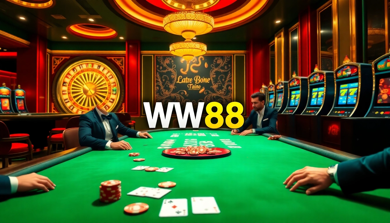 WW88 casino players enjoying a thrilling game at an elegant poker table amid luxurious surroundings.