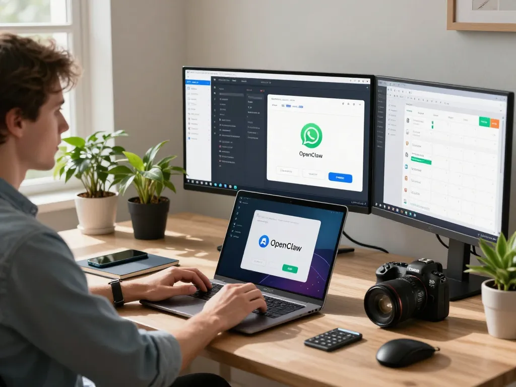Engaged user managing tasks with Open Claw AI in modern home office setting.