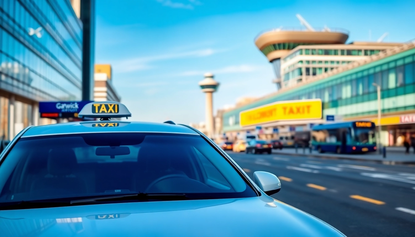 Taxi service showcasing Gatwick Airport in a vibrant city setting, highlighting professionalism and accessibility.