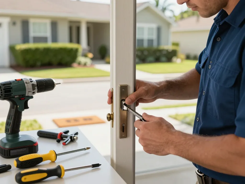 PSL Lock and Key locksmith servicing a home door lock in Port St. Lucie.