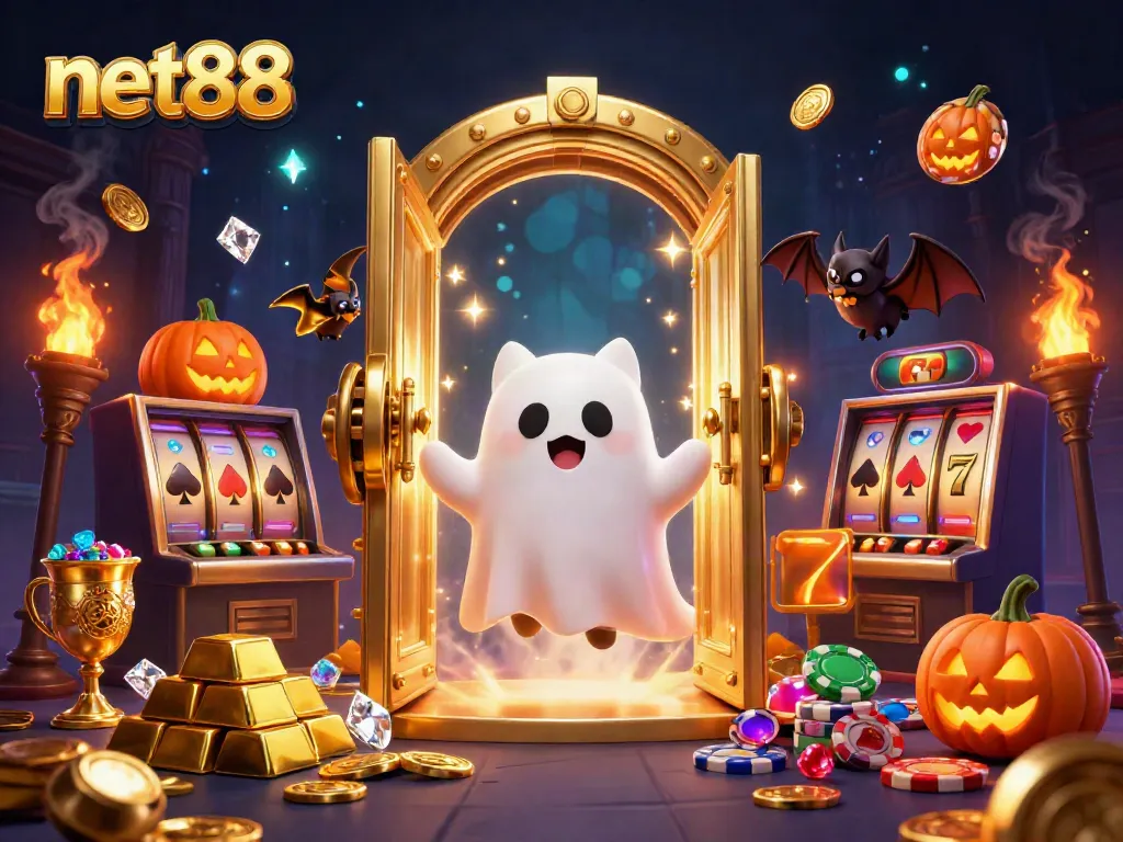 Engage in thrilling gaming at net88 with an exciting scene of a ghost cat and treasure