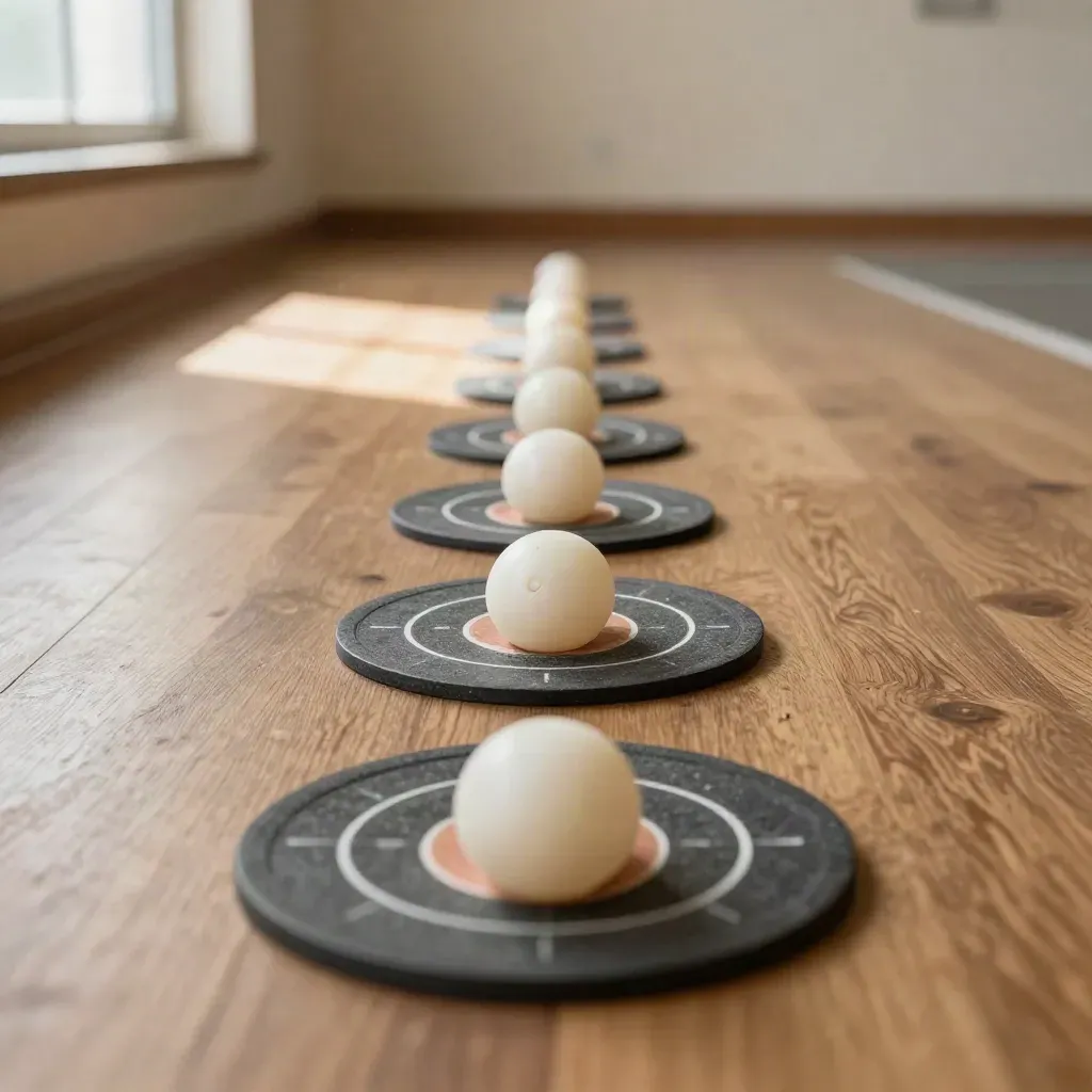 Foam balls, target rings and markers lined up on a warm sports hall floor.