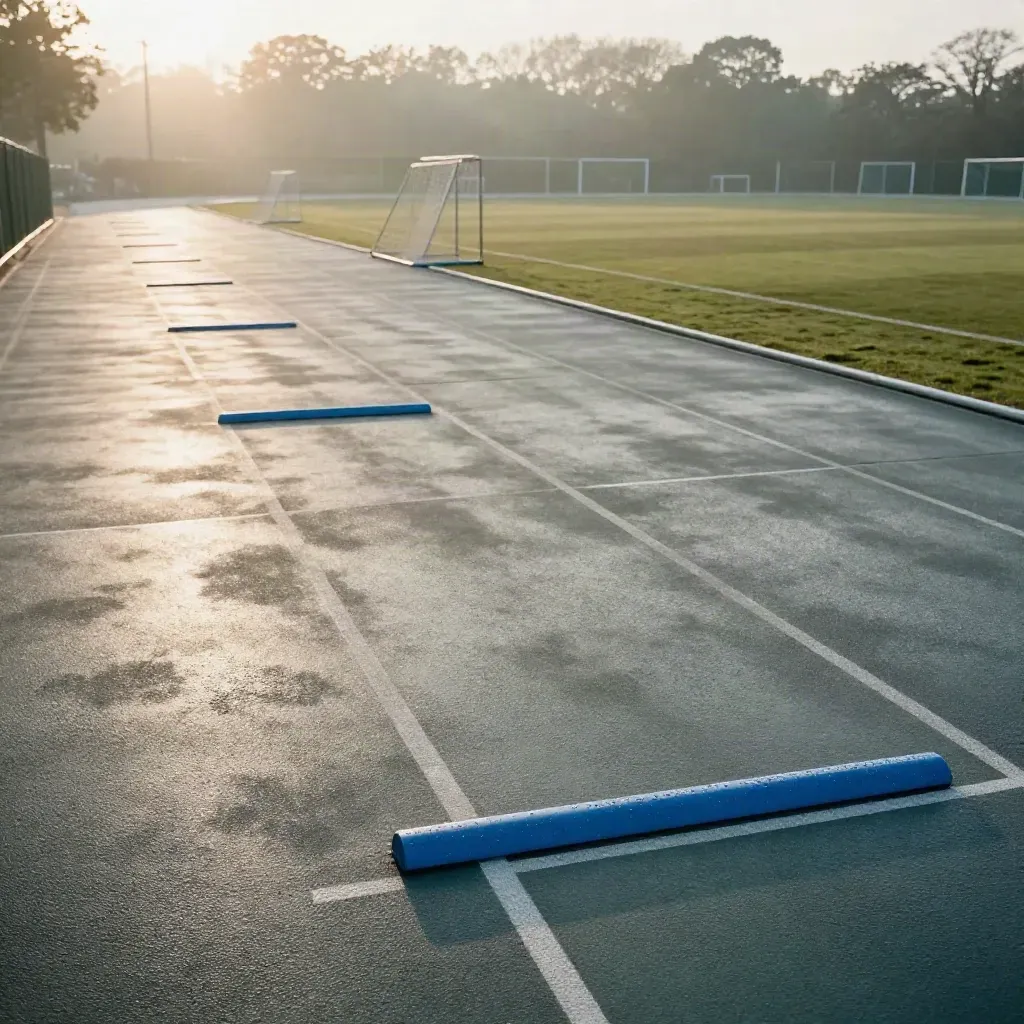 Empty wet 3G coaching lane with hurdles, pop-up goals and morning mist