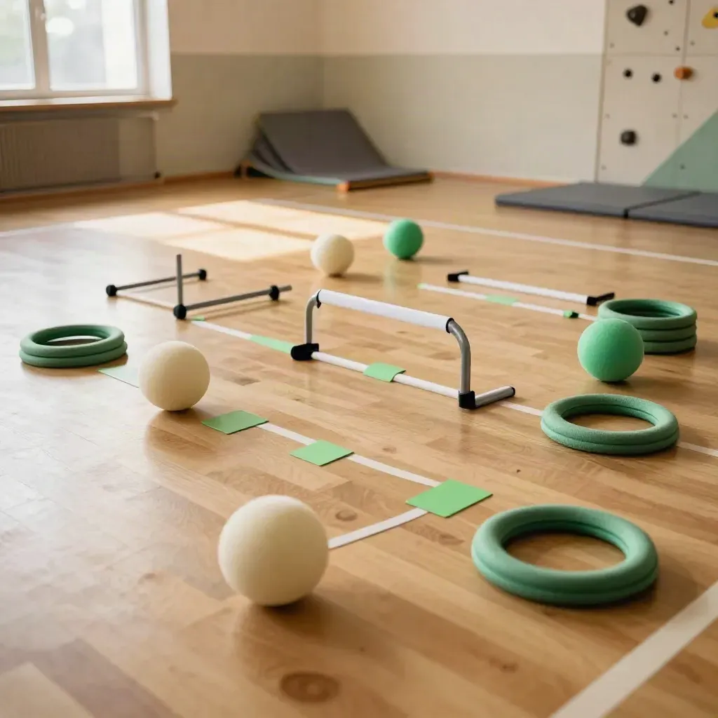 Youth coaching circuit on a primary-school gym floor with foam balls, rings and low hurdles.