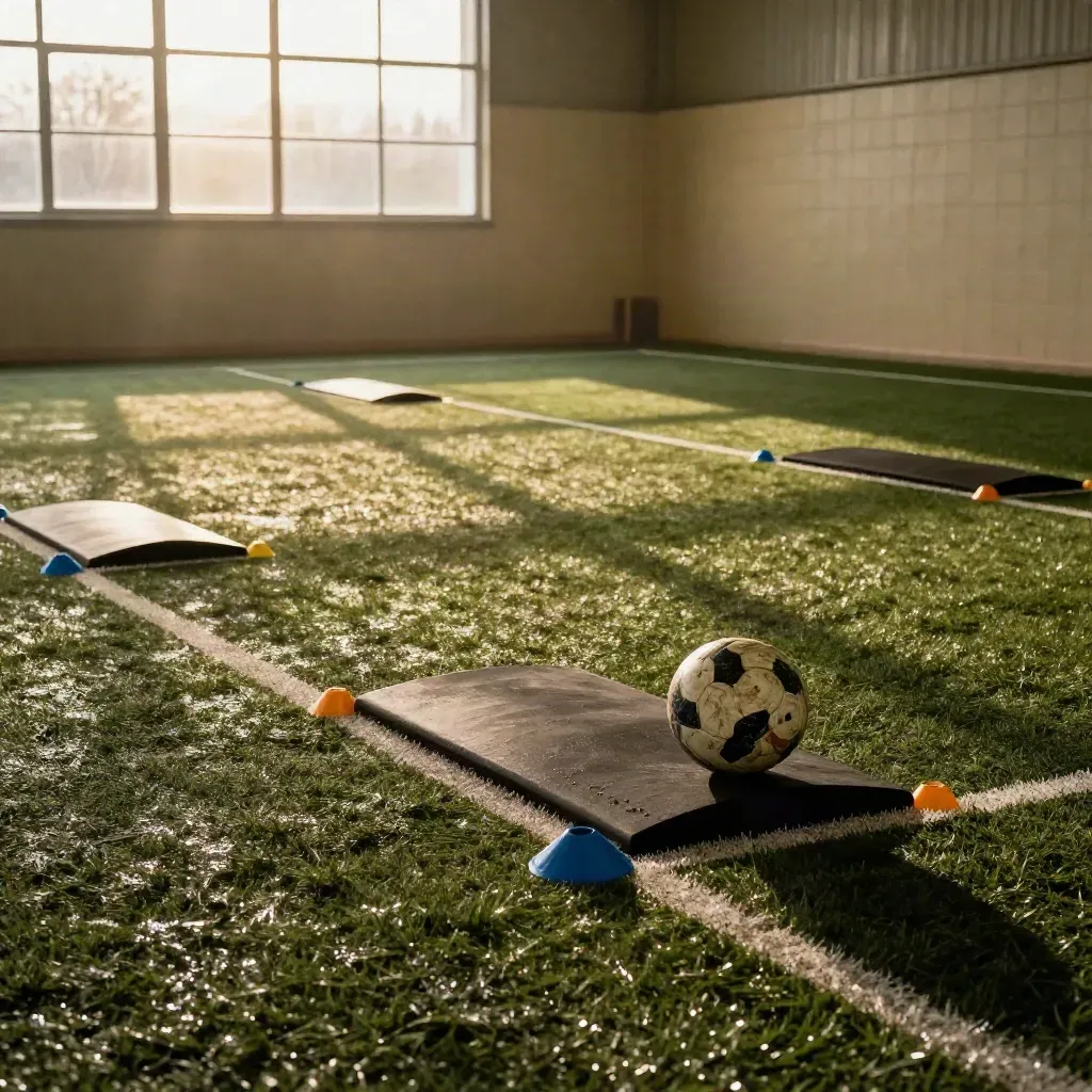 Football training grid with cones, rebound boards and marker discs on turf in warm evening light.