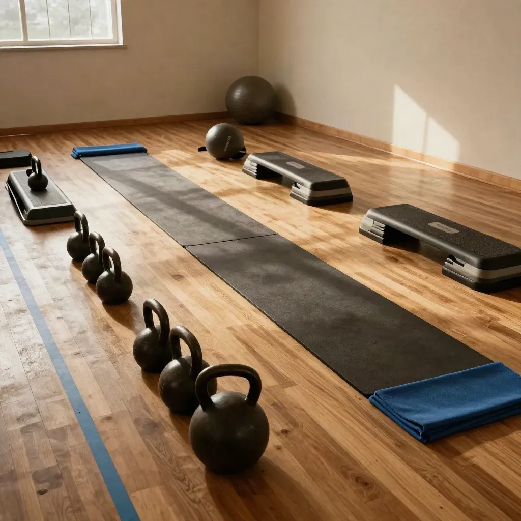 Cinematic community hall fitness circuit with mats, step platforms, kettlebells and medicine balls