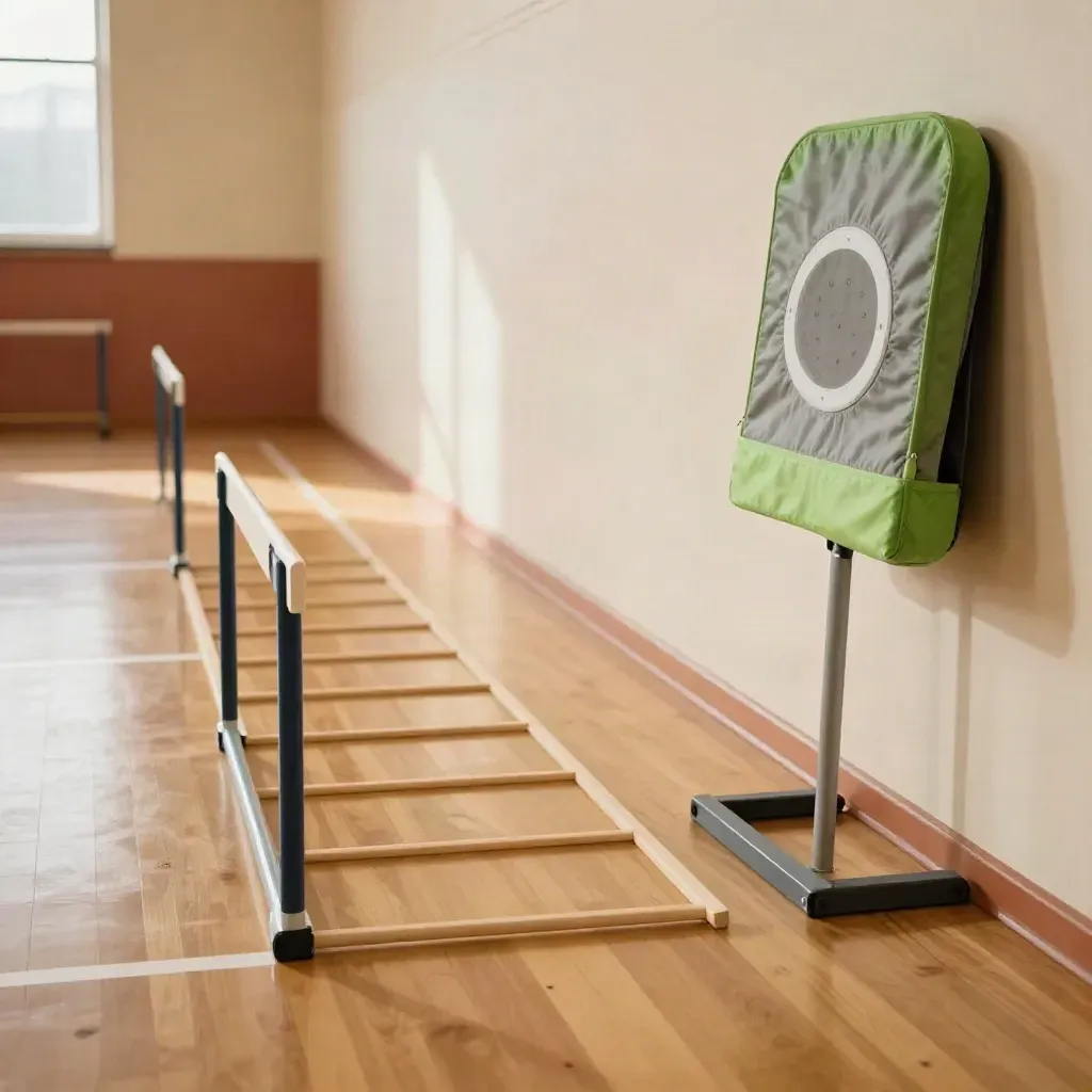Sprint lane with hurdle, ladder strip and rebound target on a glossy indoor court.