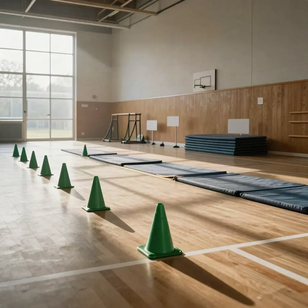 Empty school sports hall set up for a primary PE block with cones, hoops and mats.
