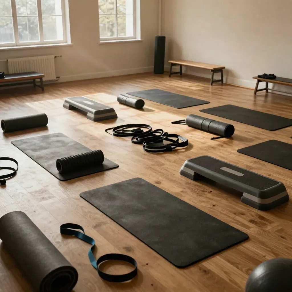 Empty community fitness hall with mats, steps and bands laid out after class