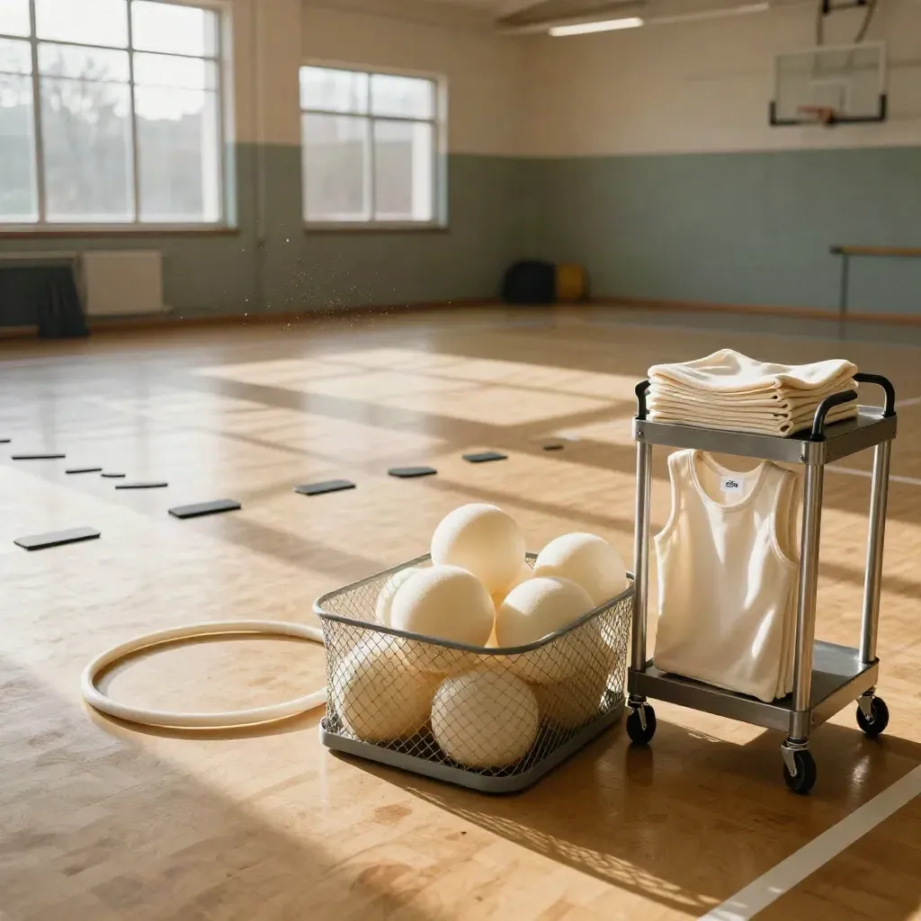Training balls, hoops and markers reset in a quiet leisure centre hall