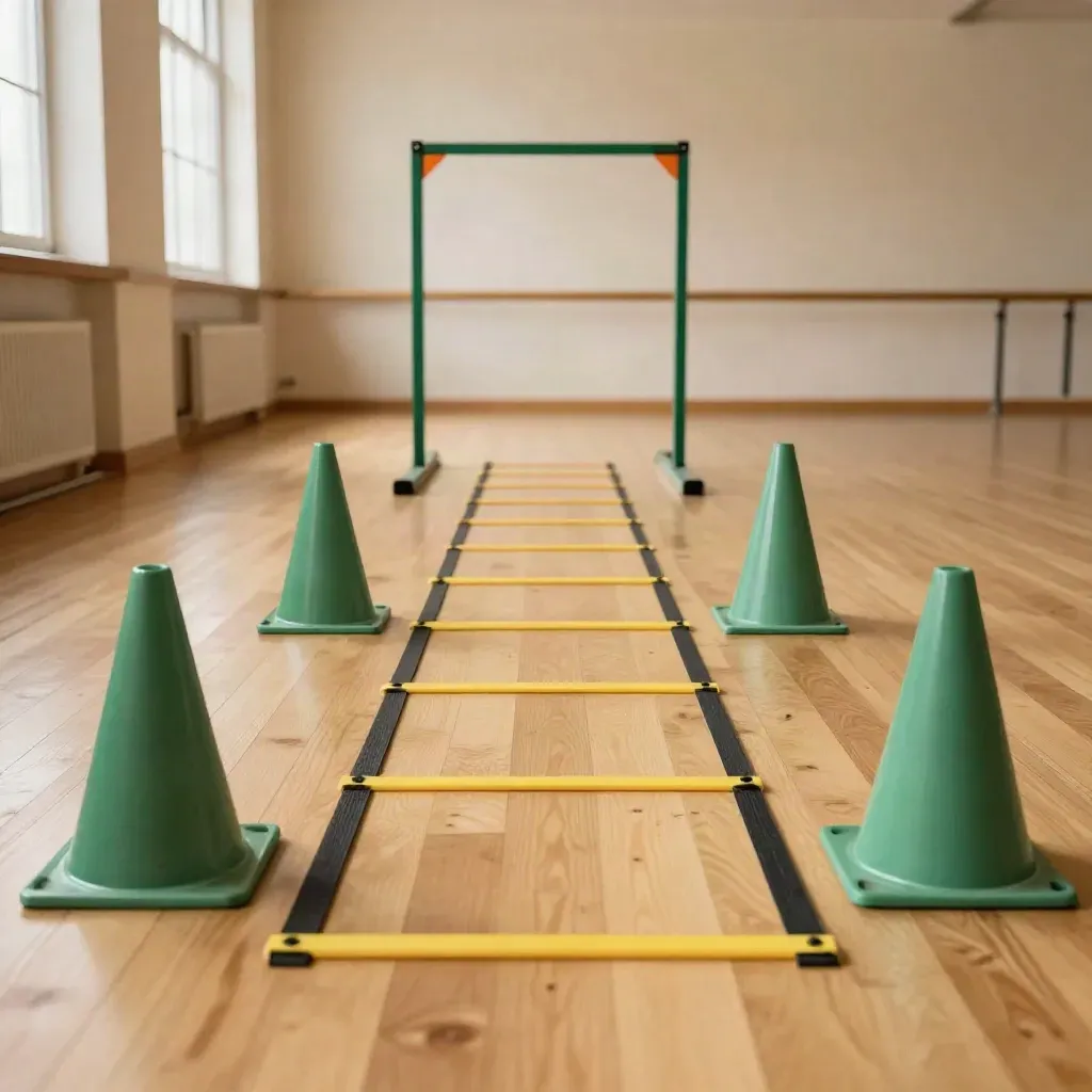 Empty sprint-coaching lane with cones, ladder and target gate on polished timber floor.