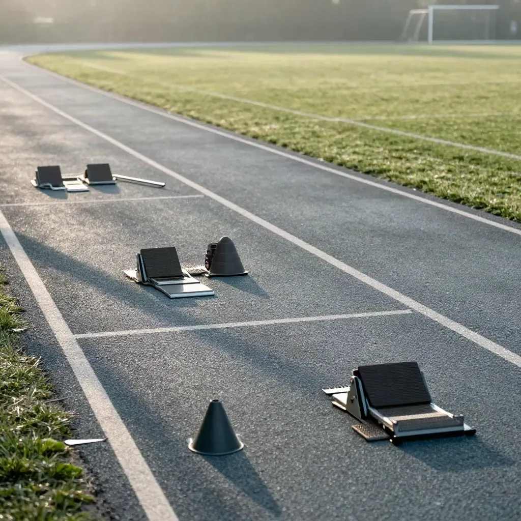 Empty sprint drill lane on wet turf with cones, ladder and rebound boards.