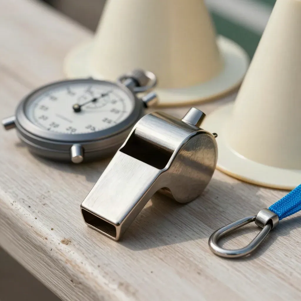 Macro of a whistle, stopwatch, flat cones and lanyard hook on a sports hall bench.