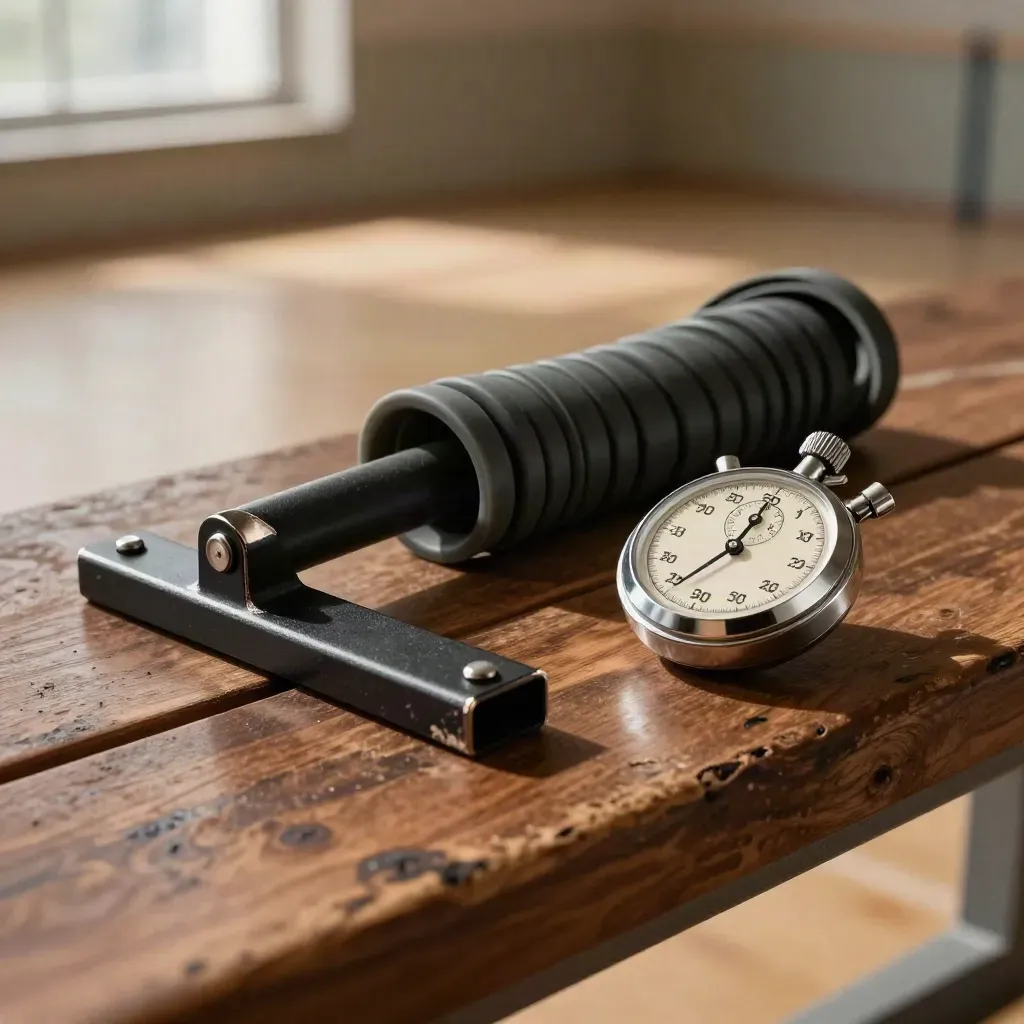 Speed training tools on a worn gym bench: hurdle hinge, resistance band and stopwatch.