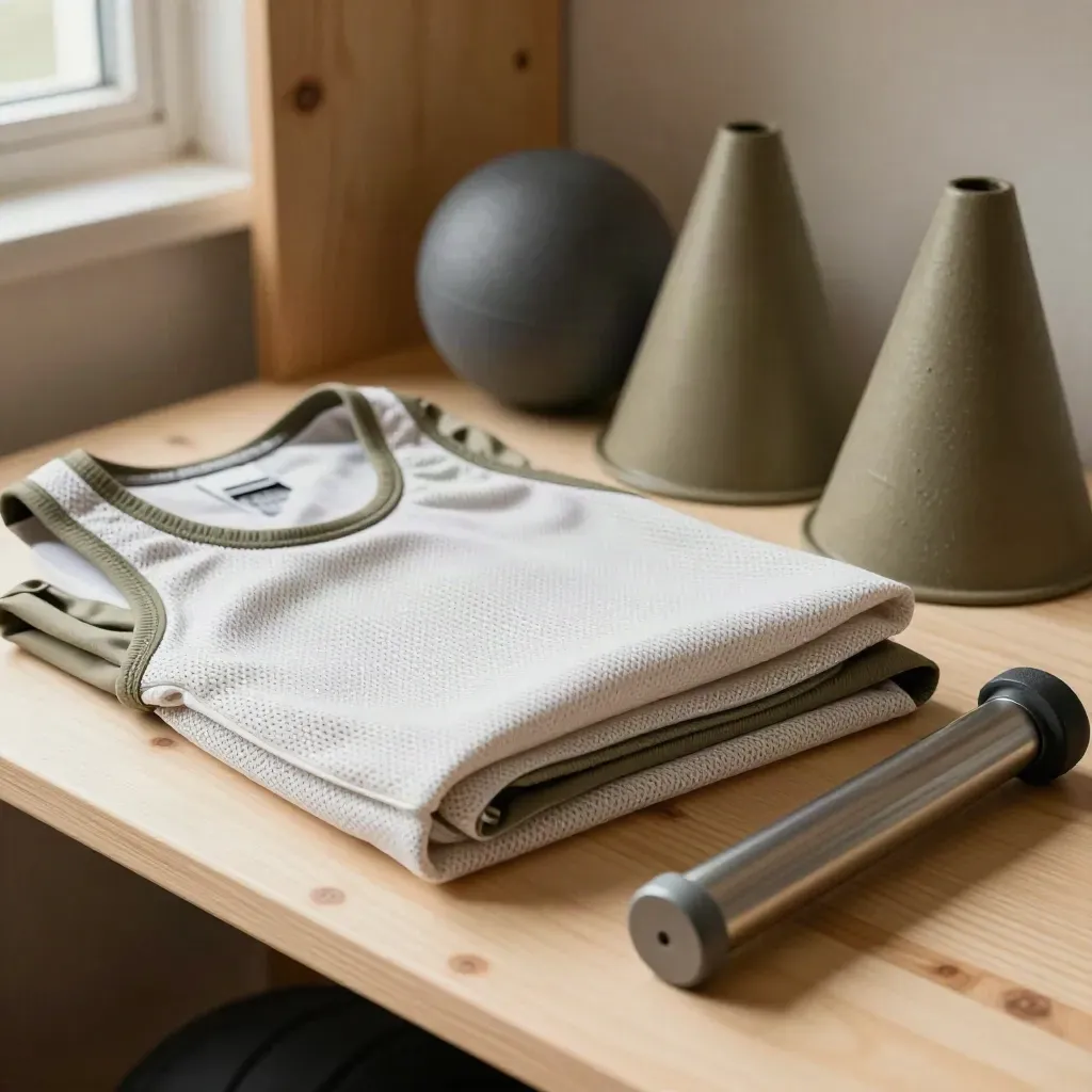 Folded PE kit layers on a timber shelf: bibs, foam balls, cone caps and a pump.
