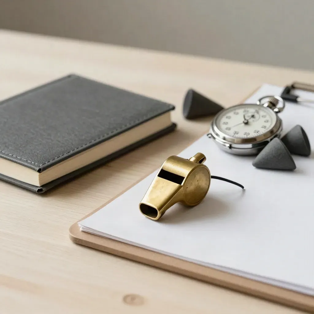 Whistle, stopwatch, notebook and cone caps beside a clipboard on pale wood