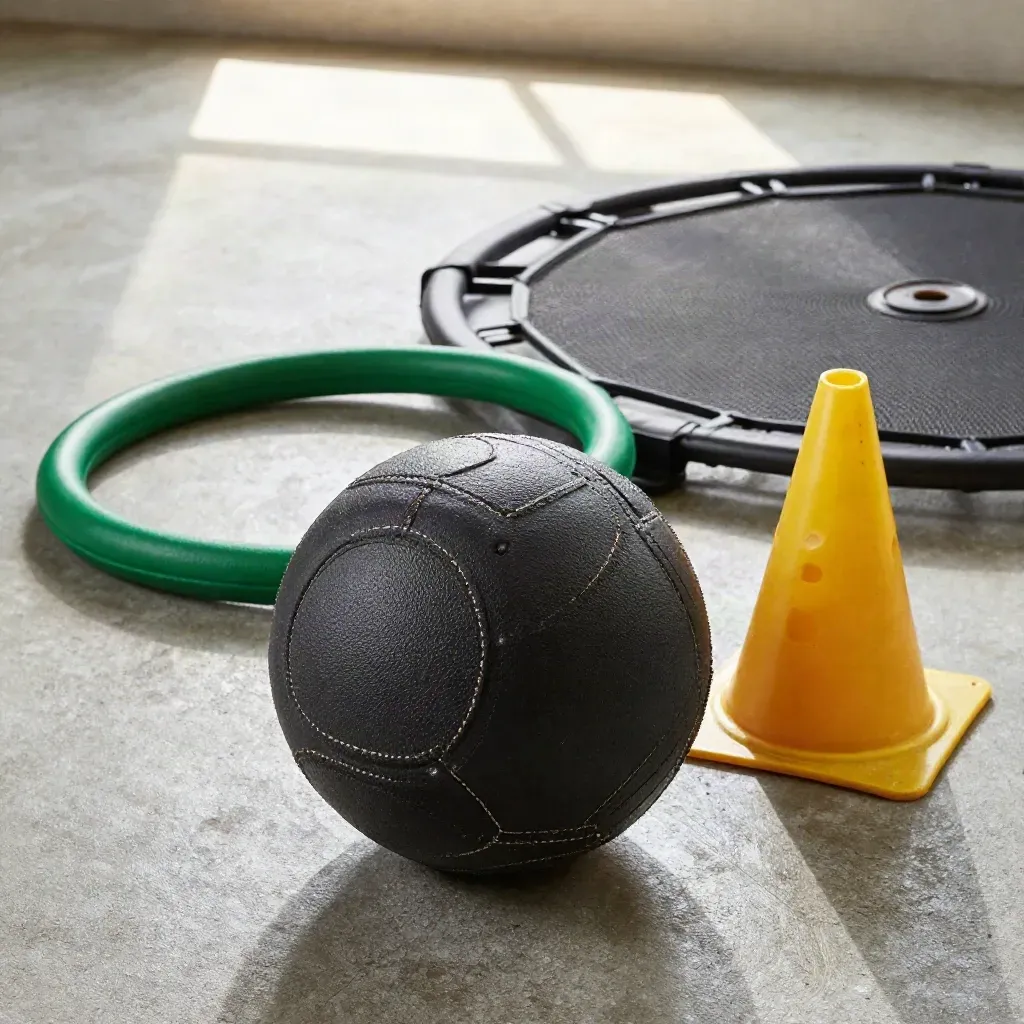 Sports coaching toolkit on concrete: medicine ball, green ring, cone and rebound target in editorial light