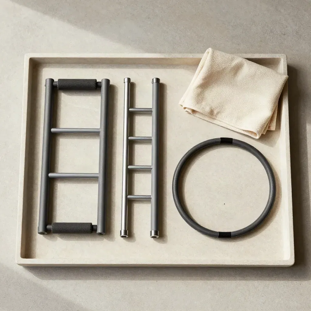 Top-down tray still life of a hurdle, ladder rung and hoop with folded cloth.
