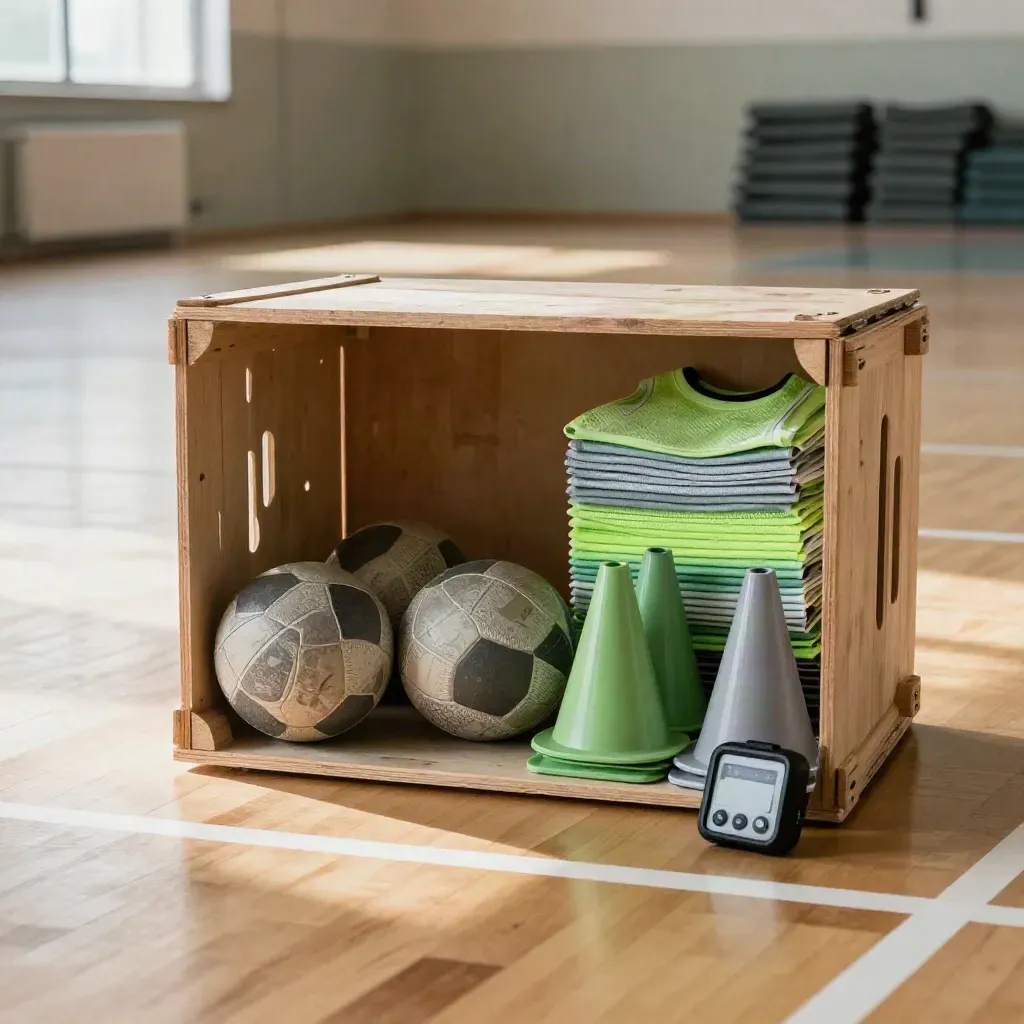 Open sports kit crate with balls, cones, bibs and timer on a gym court line.