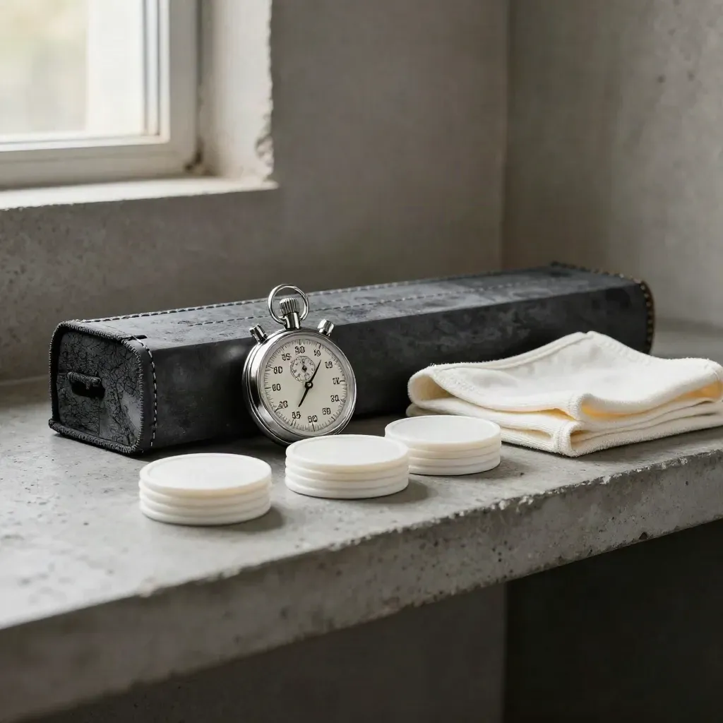 Stopwatch, closed training log, white discs and folded bib on a concrete shelf