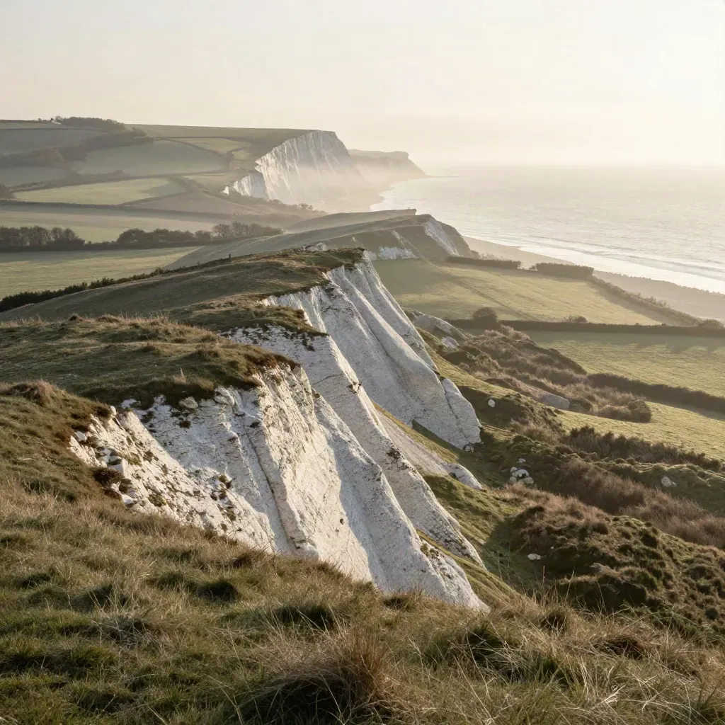 Mist lifting over South East England chalk downs toward a pale bright sea.