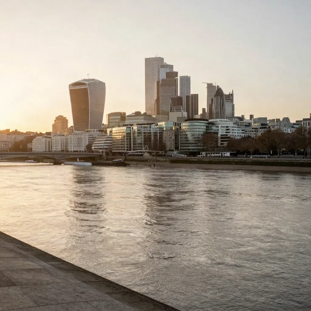 Golden-hour Thames vista with the City skyline high above a calm, misty river