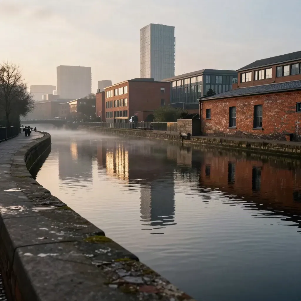 Dawn over Birmingham canal basin with red brick edges, calm water and modern towers in mist.