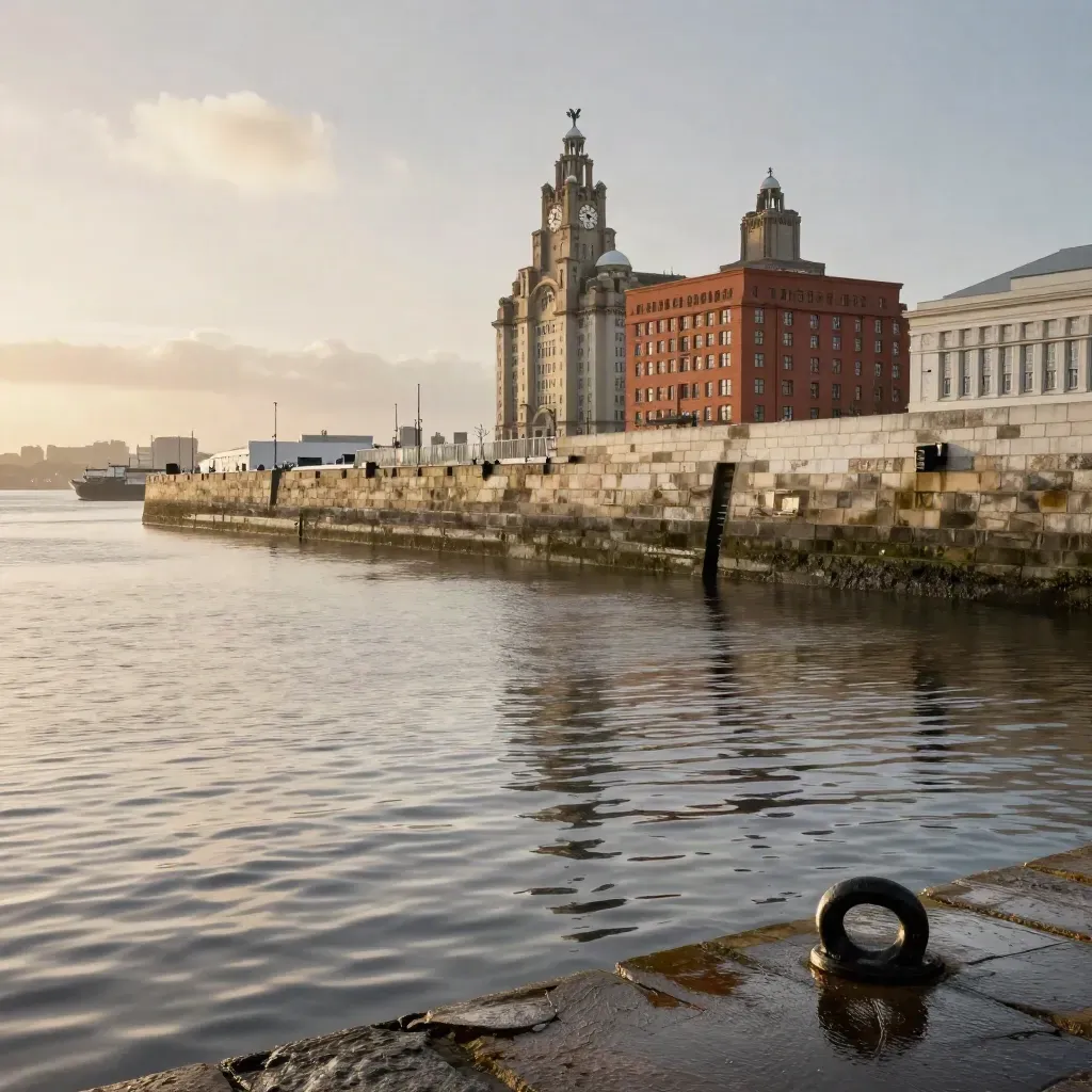 Liverpool waterfront with sandstone docks and reflective tidal water under warm haze.