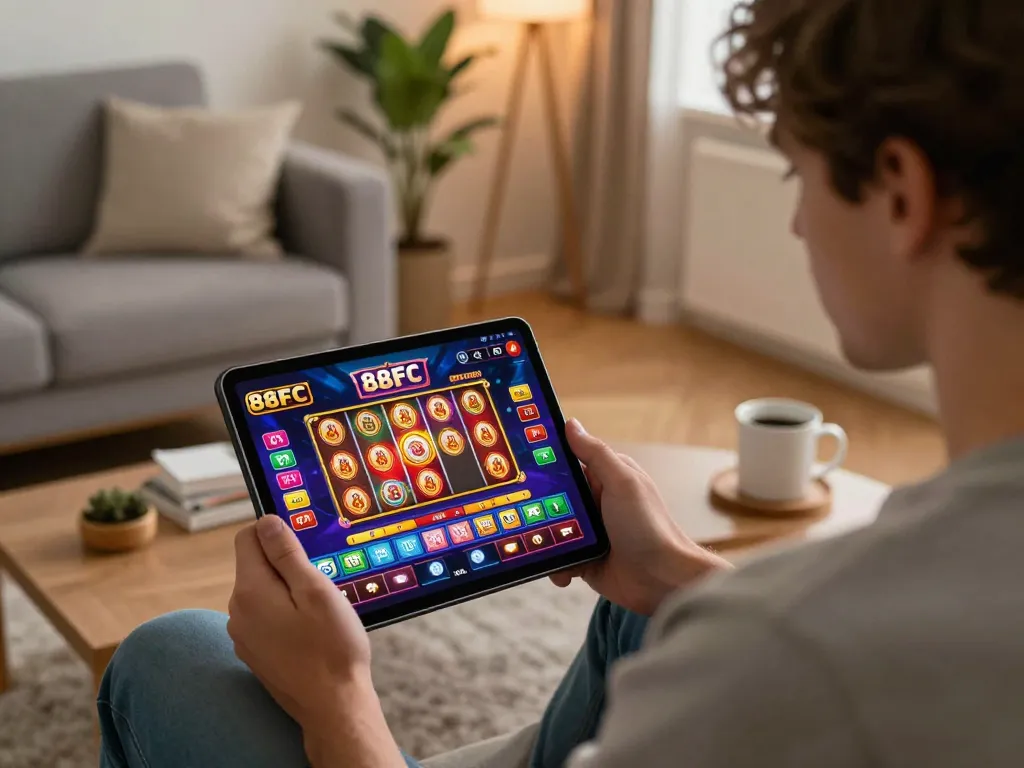 Player engaged in online gaming on 88FC app, enjoying a cozy atmosphere with a tablet and drinks