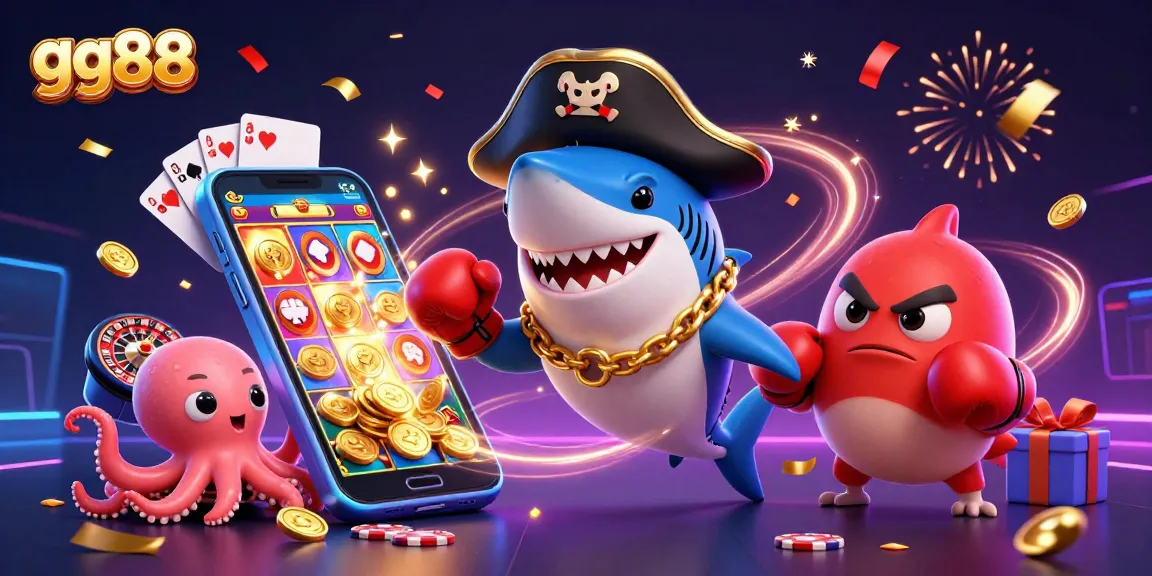Engage with the lively scene featuring gg88's animated characters amid vibrant casino elements.