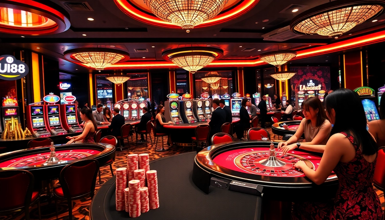 Players enjoying casino games at UU88 platform with vibrant atmosphere and colorful chips.