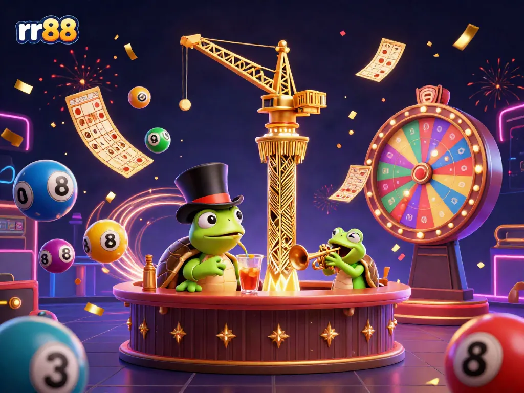 Engage in the rr88 casino experience surrounded by vibrant lottery balls, golden prizes, and festive energy.