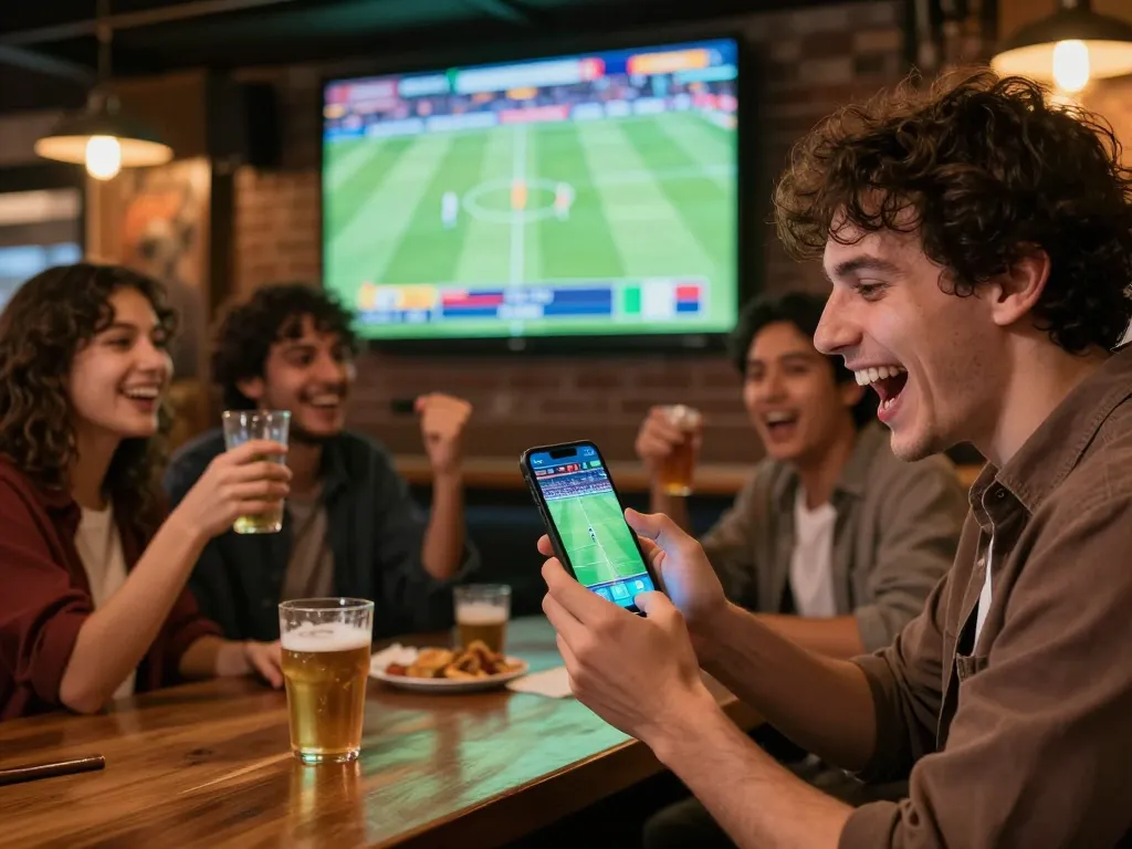 Engaging scene of trang cá cược bóng đá enthusiasts placing bets during a live match at a sports bar