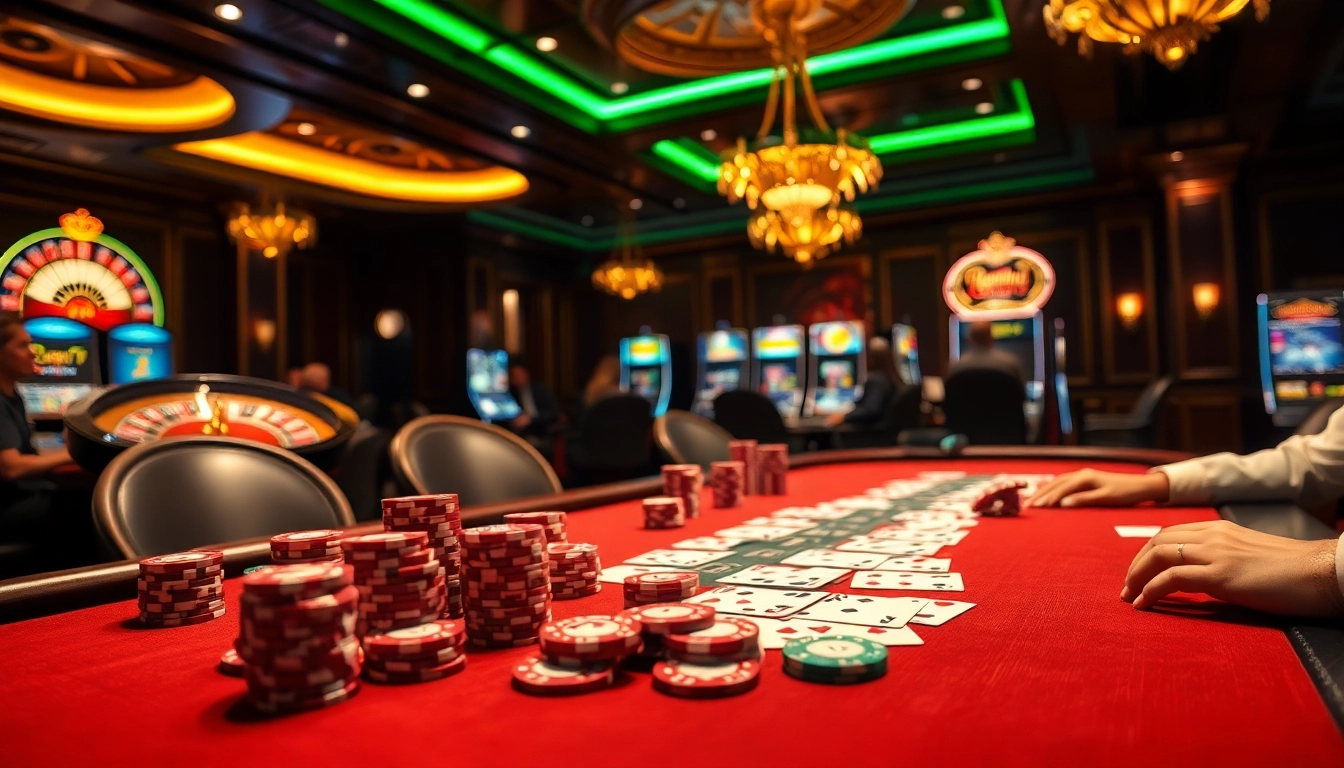 Players at a vibrant poker table celebrate a winning hand at okfun com casino.