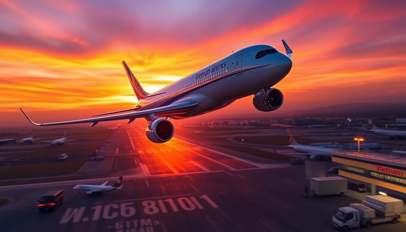 Dynamic view of VN168 flight from Da Nang Airport at sunset.