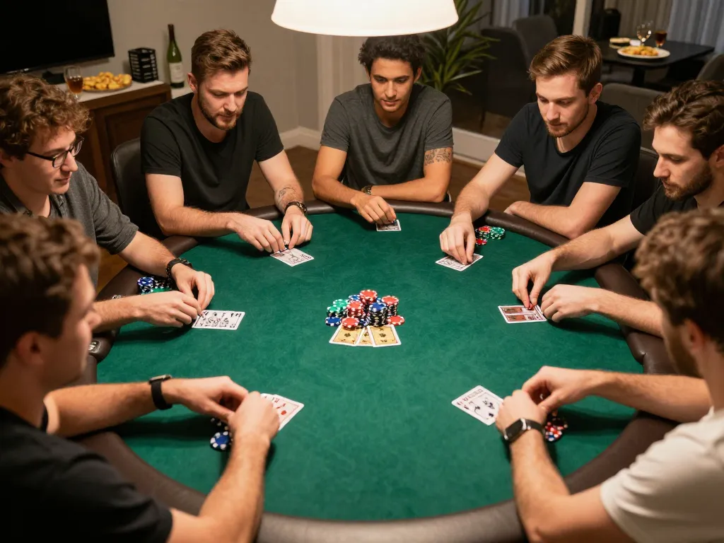 Players enjoying poker night at home, showcasing intense focus and camaraderie at rikvip86