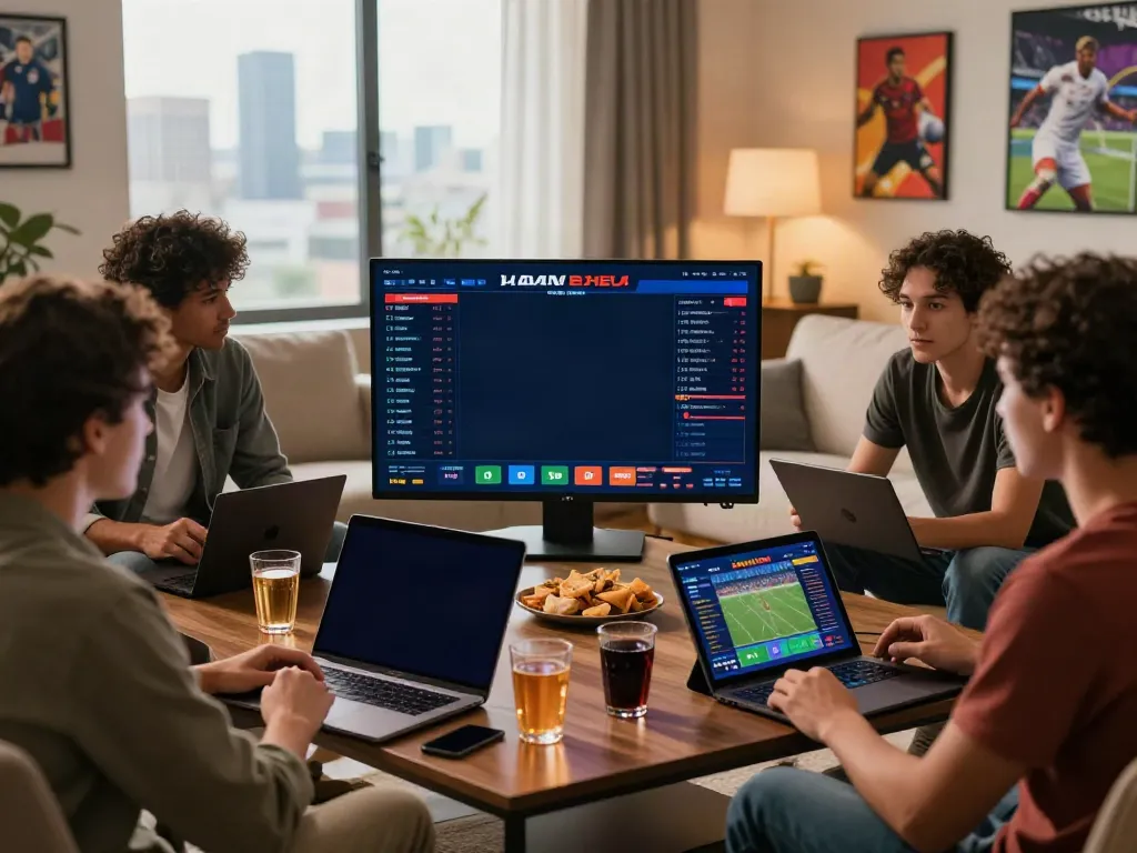 Engaging online betting experience with diverse players enjoying nhà cái 9bet in a cozy living room setting.