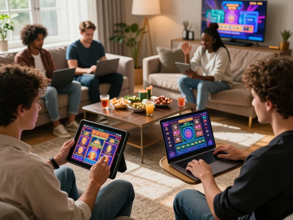 Players engaging with casinos not on GamStop in a vibrant living room setting, showcasing modern gaming experiences.