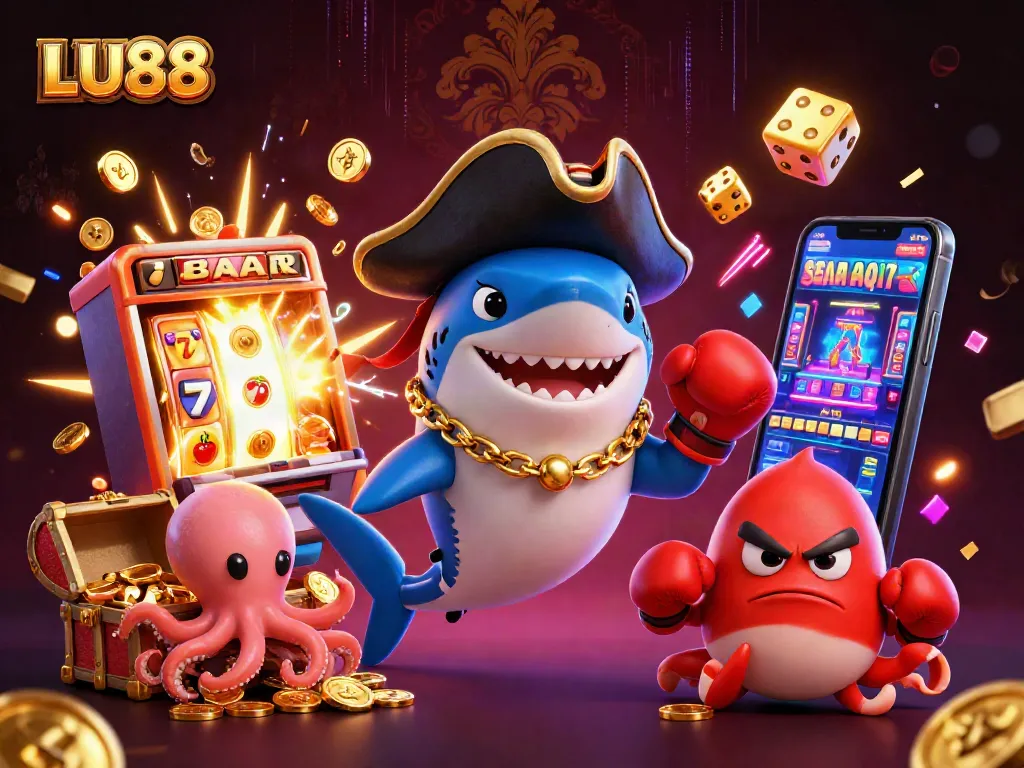 LU88 showcases a vibrant, thrilling casino scene with exciting gaming elements and colorful characters.