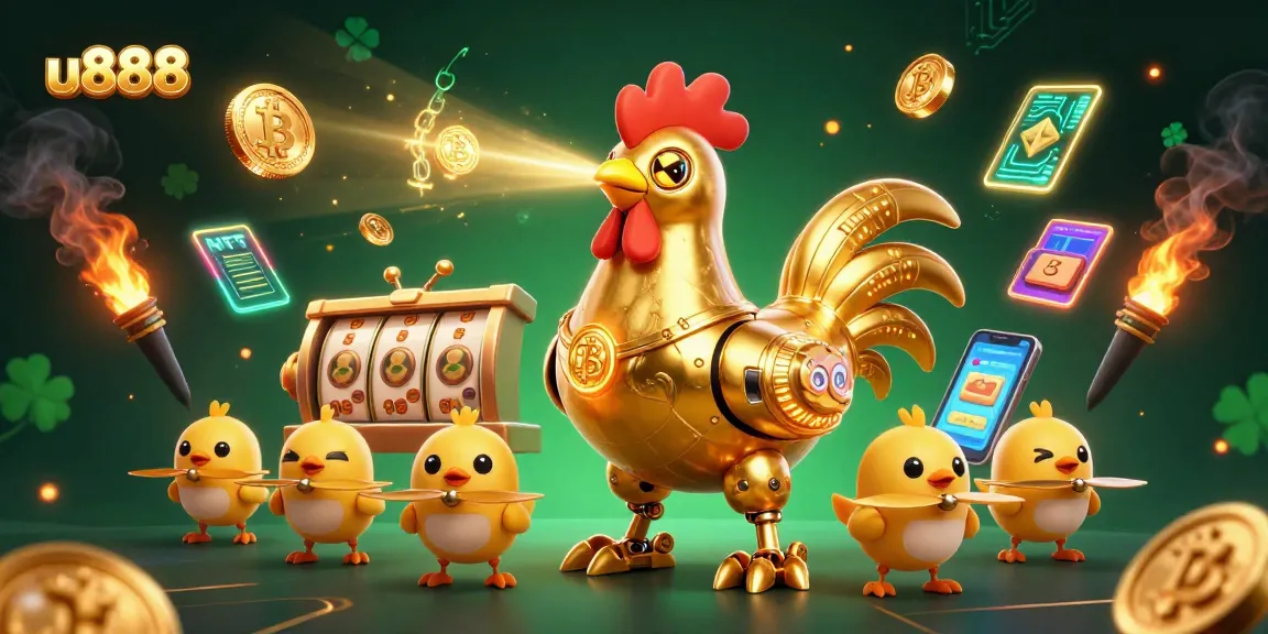Engage with u888's dynamic gameplay featuring a futuristic rooster robot amidst neon coins and slot elements.