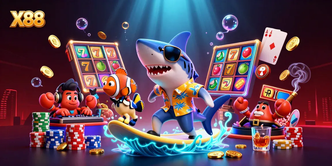 X88 celebrates thrilling casino gaming with a vibrant illustration of a cartoon shark and friends in a golden adventure.